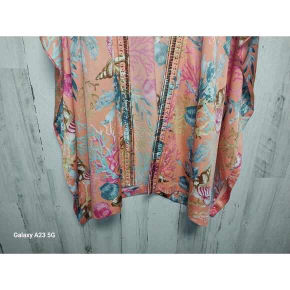 CHICO'S Orange Satin Coral Reef Seashell Print Kimono Top Beaded Trim Sz L/XL - Picture 2 of 6